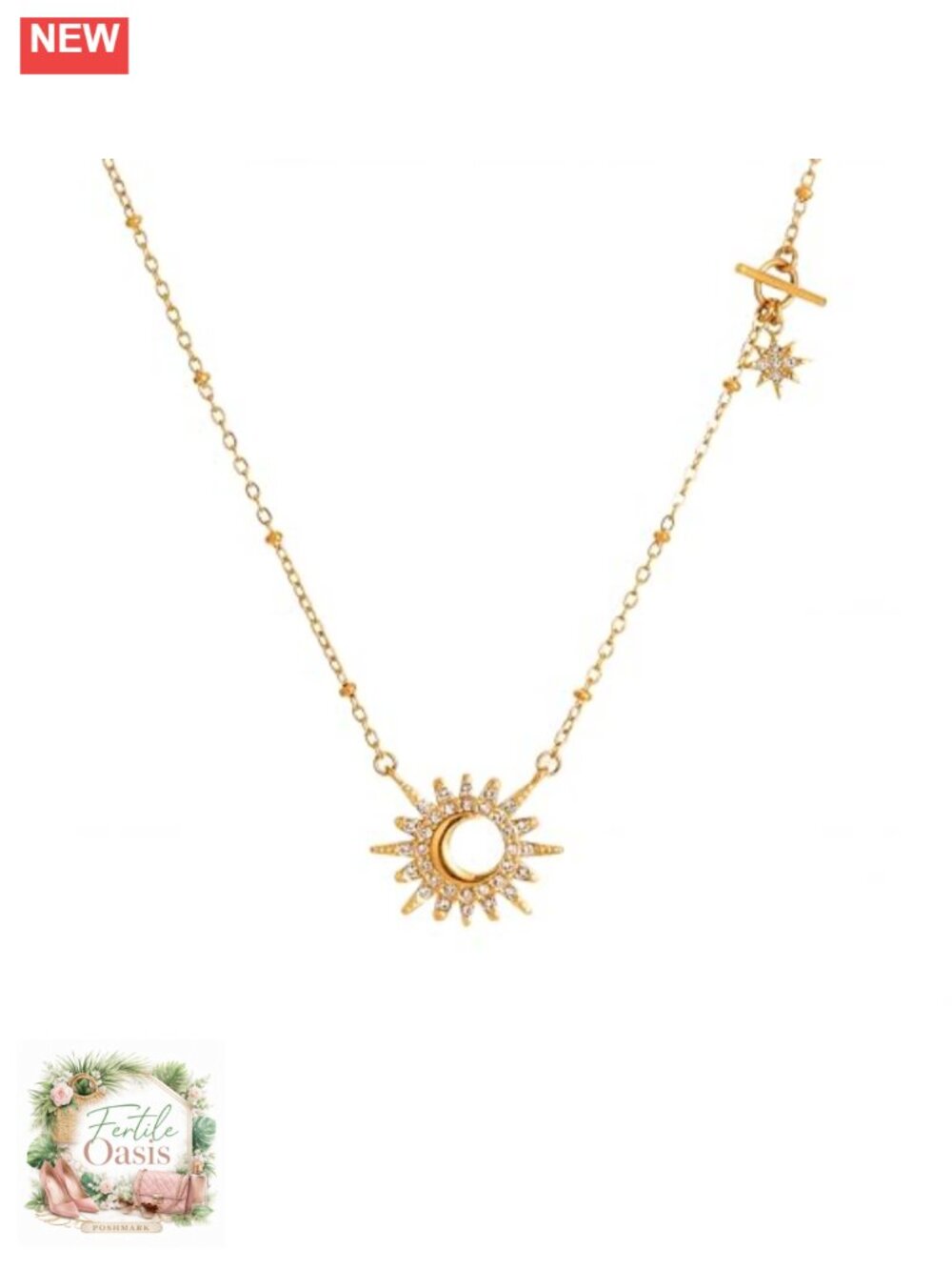 18K Gold Plated Sun Moon CZ Necklace Double Layer Dainty Chain OT Clasp Boho